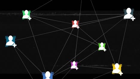 Animation-Des-Glitch-Effekts-über-Ein-Netzwerk-Von-Profilsymbolen-Vor-Schwarzem-Hintergrund