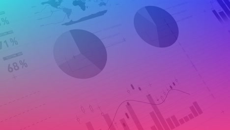 Animation-of-financial-data-processing-and-statistics-over-pink-to-purple-background