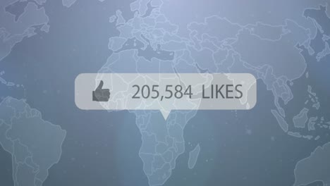 Animation-of-like-icon-with-increasing-numbers-over-world-map-against-grey-background