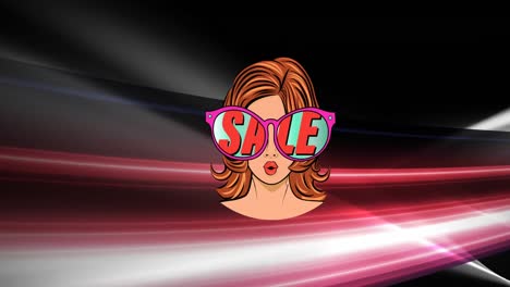 Animation-of-woman-wearing-sunglasses-with-sale-text-over-red-light-trails-against-black-background