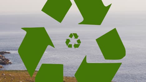 Animation-of-recycling,-sustainability-and-ecology-icons-over-landscape