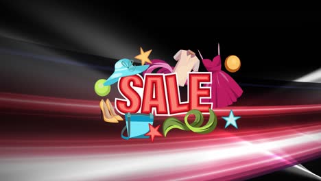 Animation-of-sale-text-banner-with-shopping-icons-over-pink-light-trails-on-black-background