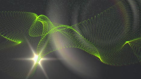 Animation-of-green-dynamic-wave-of-dots-and-lens-flare-moving-against-black-background