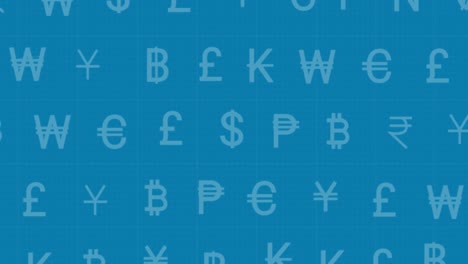 Animation-Der-Finanzdatenverarbeitung-Und-Währungssymbole-Auf-Blauem-Hintergrund