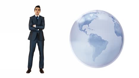 Animation-of-spinning-globe-icon-and-caucasian-businessman-against-white-background
