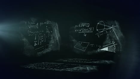 Animation-of-network-of-connections-and-light-spot-over-chalkboards-with-mathematical-equations
