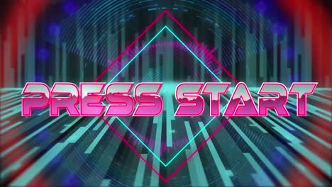 Animation-of-press-start-text-banner-over-neon-shapes-and-light-trails-on-black-background