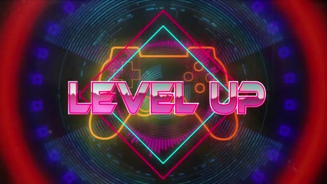 Animation-of-level-up-text-banner-over-videogame-controller-icon-against-neon-shapes