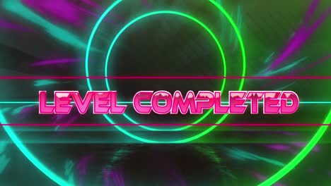Animation-of-level-completed-text-banner-over-neon-concentric-circles-and-digital-waves
