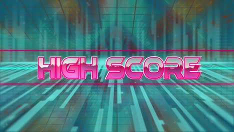 Animation-of-high-score-text-banner-over-neon-concentric-squares-and-light-trails