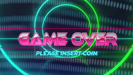 Animation-of-game-over-text-banner-over-neon-concentric-circles-and-light-trails-on-blue-background