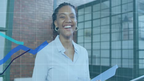 Animation-of-statistical-data-processing-over-african-american-woman-smiling-at-office