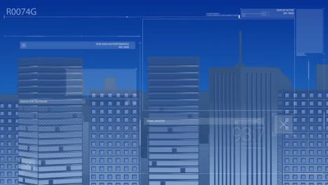 Animation-Der-Schnittstelle-Zur-Datenverarbeitung-Vor-Einem-3D-Gebäudemodell-Vor-Blauem-Hintergrund