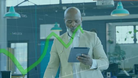 Animation-of-green-graph-over-african-american-senior-businessman-using-digital-tablet-at-office
