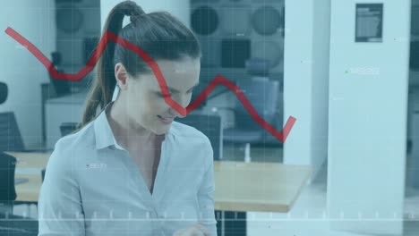 Animation-of-financial-data-processing-with-red-line-over-caucasian-businesswoman-using-tablet