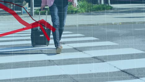 Animation-of-financial-data-processing-with-red-lines-over-businessman-crossing-road