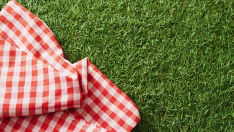 Close-up-of-red-and-white-checkered-blanket-on-grass-with-copy-space