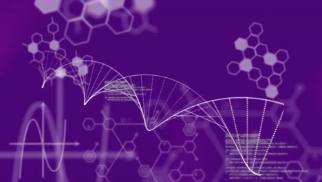 Animation-of-data-processing,-dna-and-chemical-structure-against-purple-gradient-background