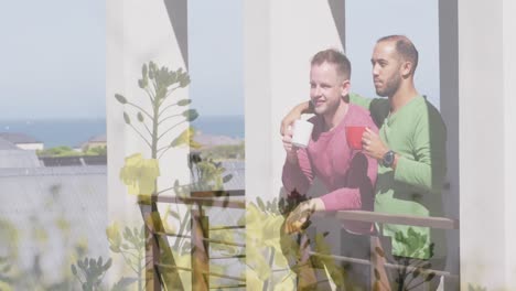 Animation-of-plants-over-diverse-male-couple-drinking-coffee-and-embracing