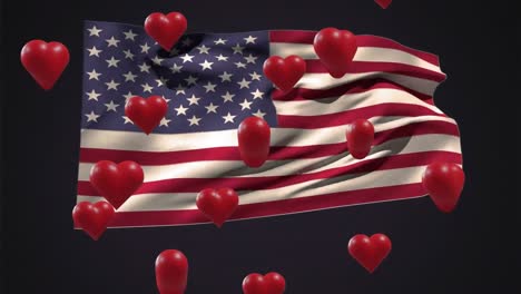 Animation-of-red-hearts-over-flag-of-usa-on-black-background