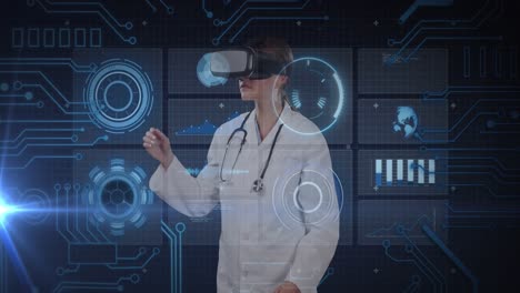 Animation-of-caucasian-female-doctor-in-vr-headset,-scientific-data-processing-over-blue-background