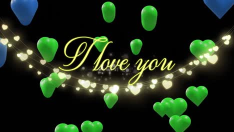 Animation-of-i-love-you-text-over-colorful-hearts-and-light-spots-on-black-background