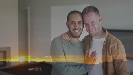 Animation-of-landscape-over-diverse-male-couple-embracing