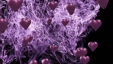 Animation-of-purple-hearts-over-light-trails-on-black-background