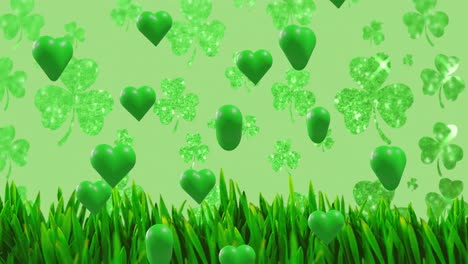 Animation-of-st-patrick's-day-shamrock-and-green-hearts-on-green-background