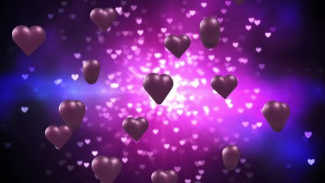 Animation-of-purple-hearts-over-light-spots-on-black-background