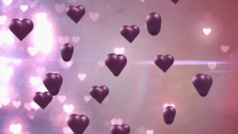 Animation-of-purple-hearts-over-light-trails-on-grey-background
