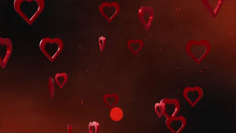 Animation-of-red-hearts-over-light-spots-on-red-background