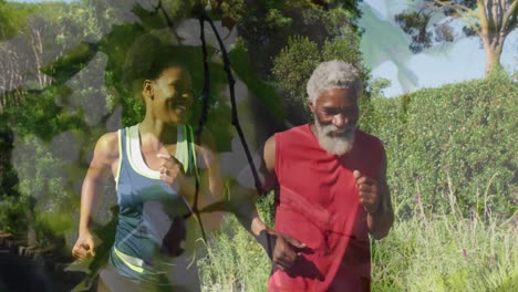 Animation-of-leaves-over-african-american-couple-running,-slow-motion