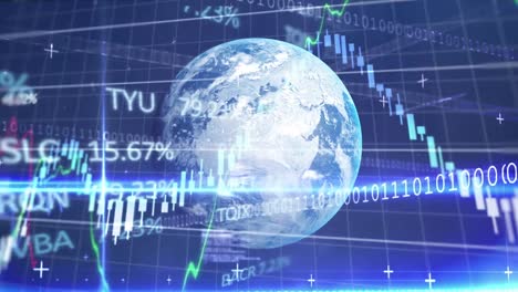 Animation-of-stock-market-data-processing-over-globe-and-light-trails-against-blue-background