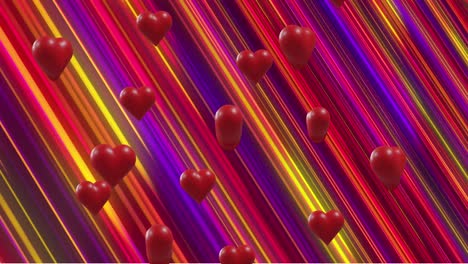 Animation-of-red-hearts-over-colorful-light-trails-on-black-background
