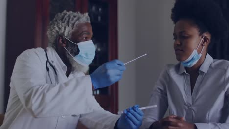 Animation-of-african-american-male-doctor-taking-swab-of-female-patient-and-molecules