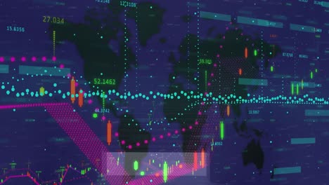 Animation-Der-Finanzdatenverarbeitung-über-Einer-Weltkarte-Vor-Blauem-Hintergrund