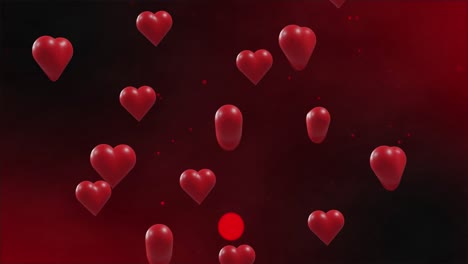 Animation-of-red-hearts-over-light-spots-on-red-background