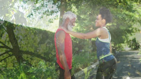 Animation-of-trees-over-african-american-couple-stretching,-slow-motion