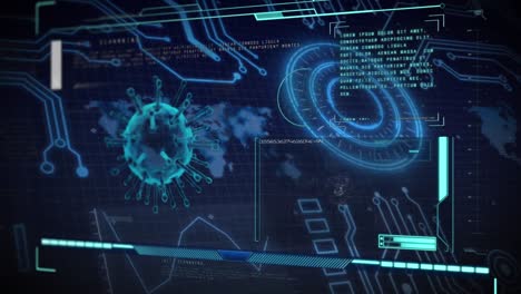 Animation-of-virus-cell-and-scientific-data-processing-over-blue-background