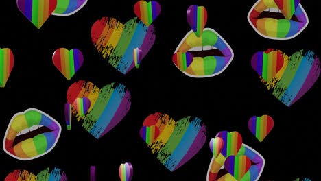 Animation-of-rainbow-hearts-and-lips-on-black-background