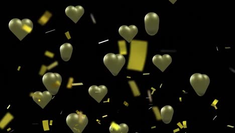 Animation-Von-Konfetti,-Die-über-Goldene-Herzen-Auf-Schwarzem-Hintergrund-Fallen