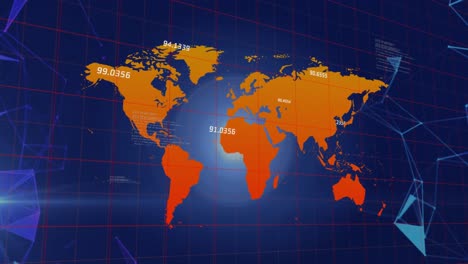 Animation-Von-Zahlen,-Die-über-Der-Weltkarte-Vor-Plexusnetzwerken-Auf-Blauem-Hintergrund-Schweben