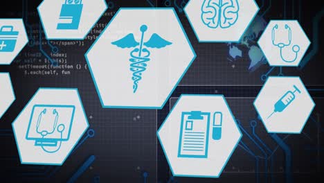 Animation-Medizinischer-Symbole-Und-Wissenschaftlicher-Datenverarbeitung-Auf-Blauem-Hintergrund