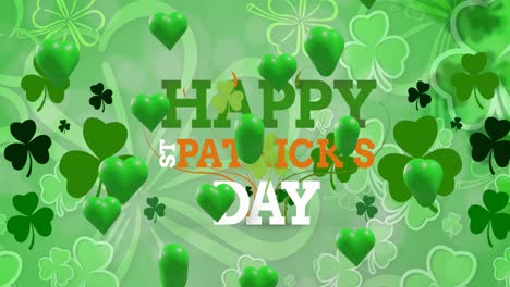 Animation-of-st-patrick's-day-text,-shamrock-and-green-hearts-on-green-background