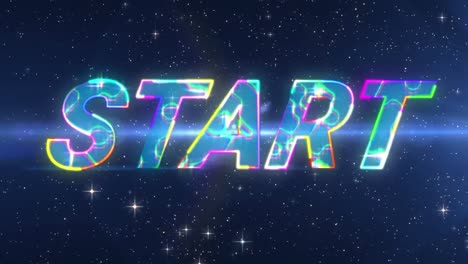 Animation-of-lightning-effect-over-start-text-banner-against-lens-flare-and-shining-stars