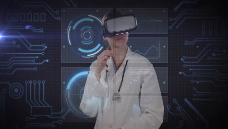 Animation-of-caucasian-female-doctor-in-vr-headset,-scientific-data-processing-over-blue-background