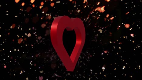 Animation-of-red-heart-over-light-spots-and-confetti-on-black-background