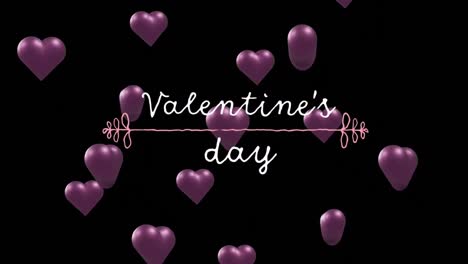 Animation-Des-Valentinstagtextes-über-Lila-Herzen-Auf-Schwarzem-Hintergrund