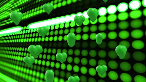 Animation-of-green-hearts-over-glowing-green-spots-on-black-background